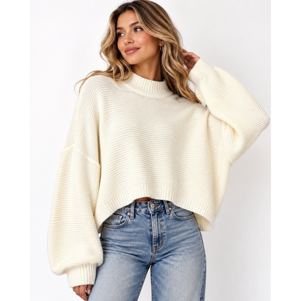 Adika Ivory Knit Sweater Oversized Cropped Mock Neck Y2K Coquette Minimalist Top